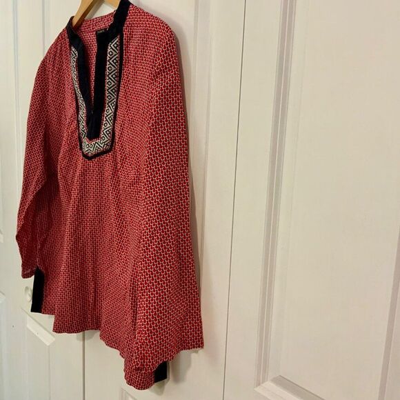 Talbots Red Blue Embroidered Cotton Popover Tunic Top Size 1X - Picture 4 of 9